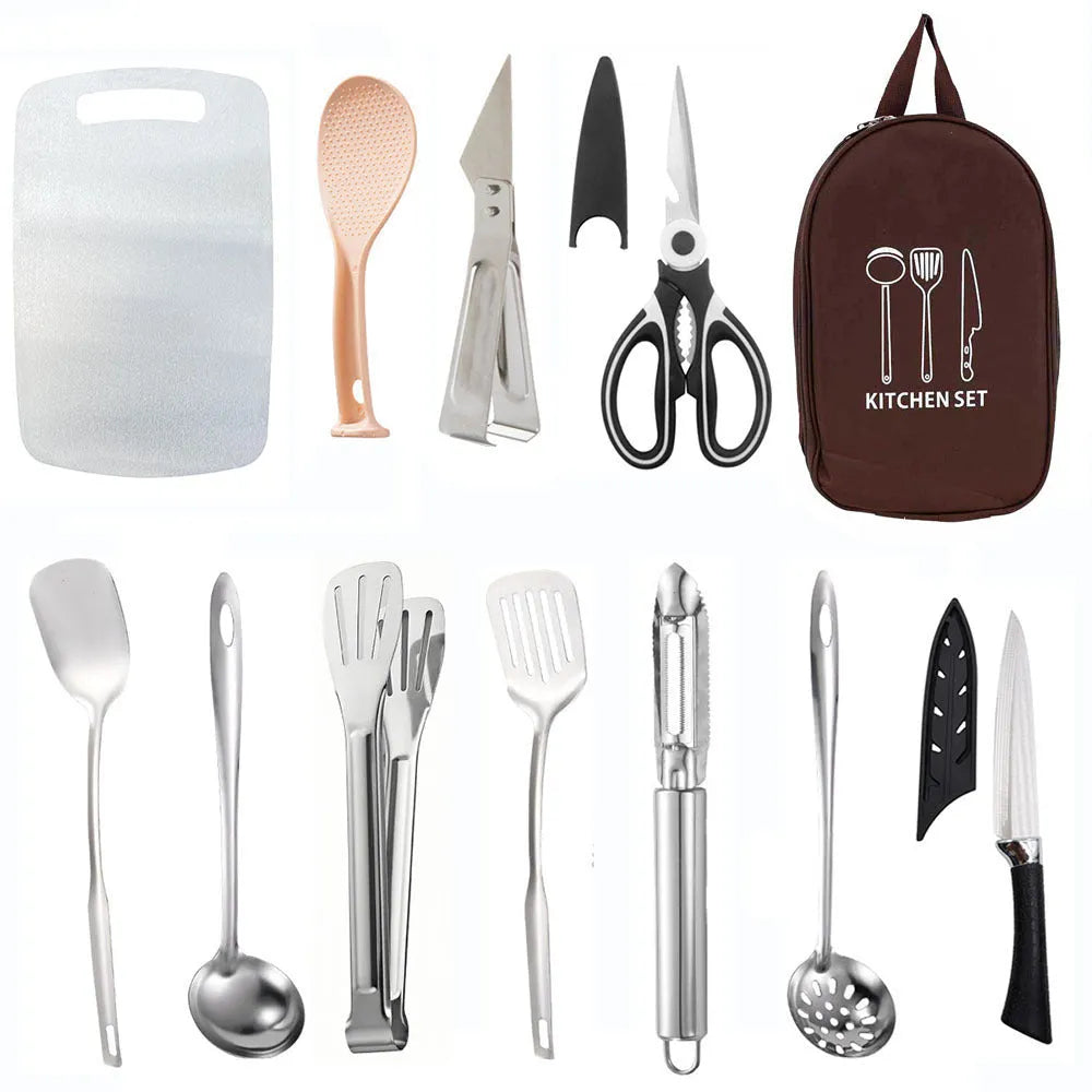12-piece stainless steel picnic kitchenware set in a storage bag, colour options khaki green brown