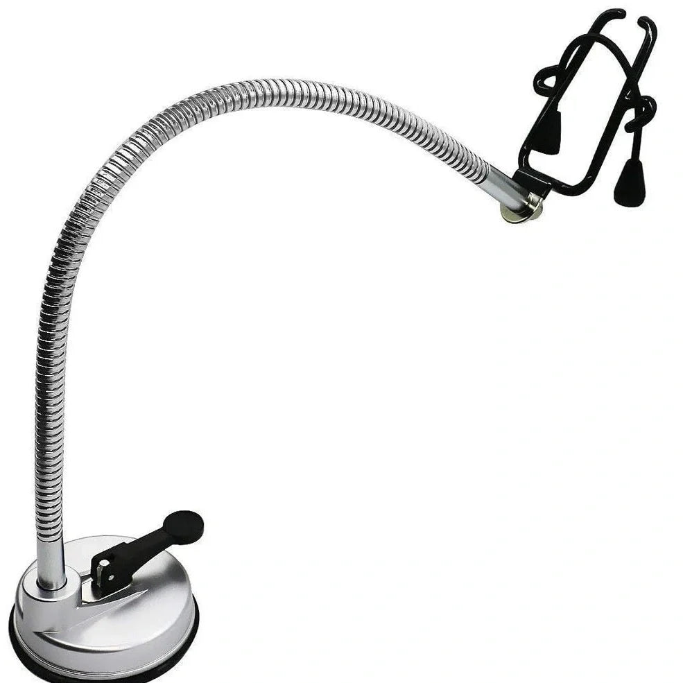 Stainless steel hair dryer holder with suction cup base showing 360-degree rotation capability