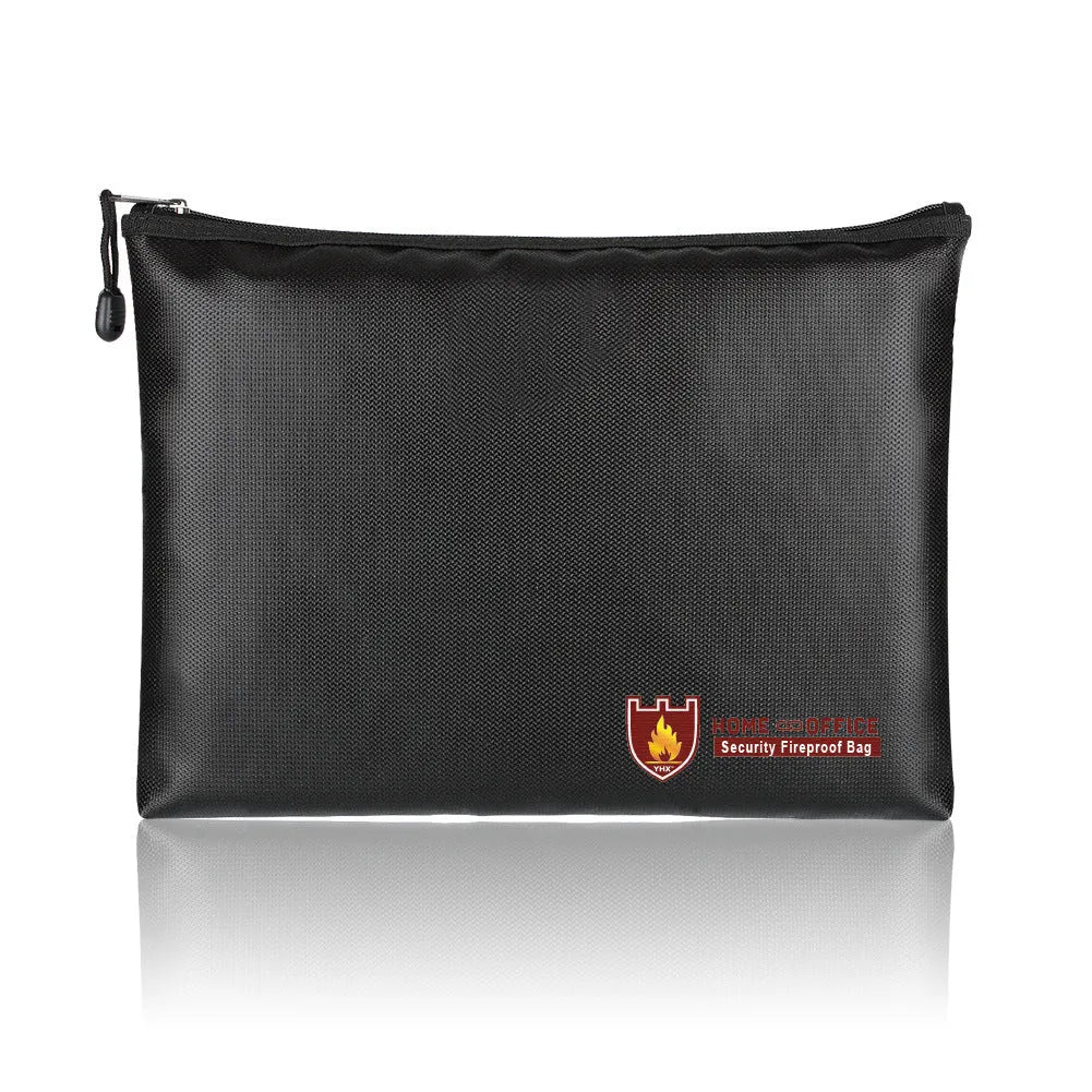 Black fire-proof contract document bag shown in three sizes for business paperwork storage