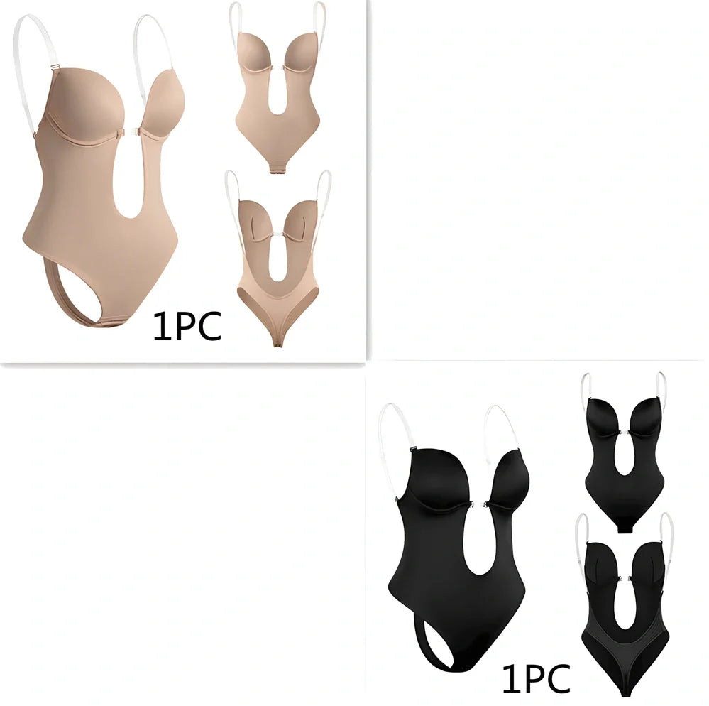 Black spandex body shaping dress with deep V back design and stomach compression