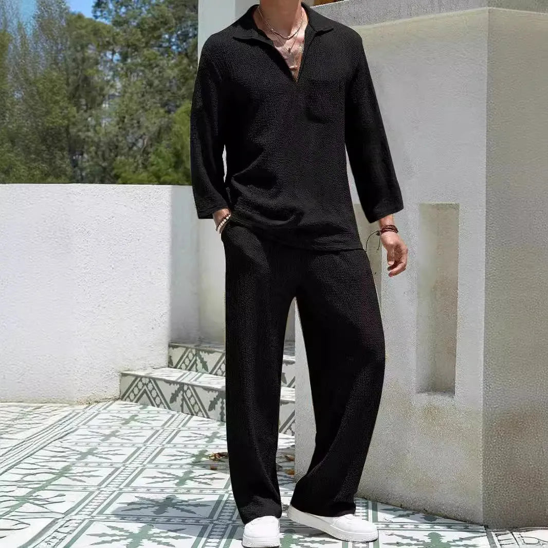 Men's casual shirt and trousers set in lake blue with shirt-style jacket and matching trousers for autumn leisure wear