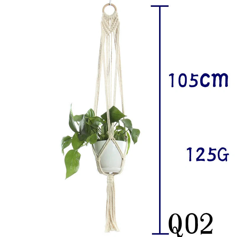Beige cotton rope hanging basket with various styles for indoor plant display