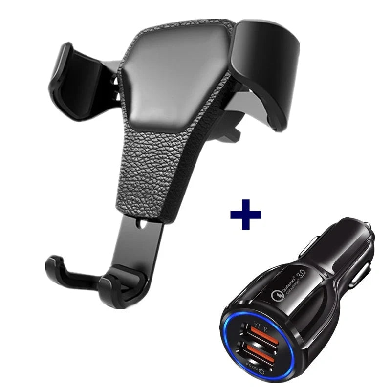 Leather grain gravity mobile phone car holder in black and white, compatible with most smartphones