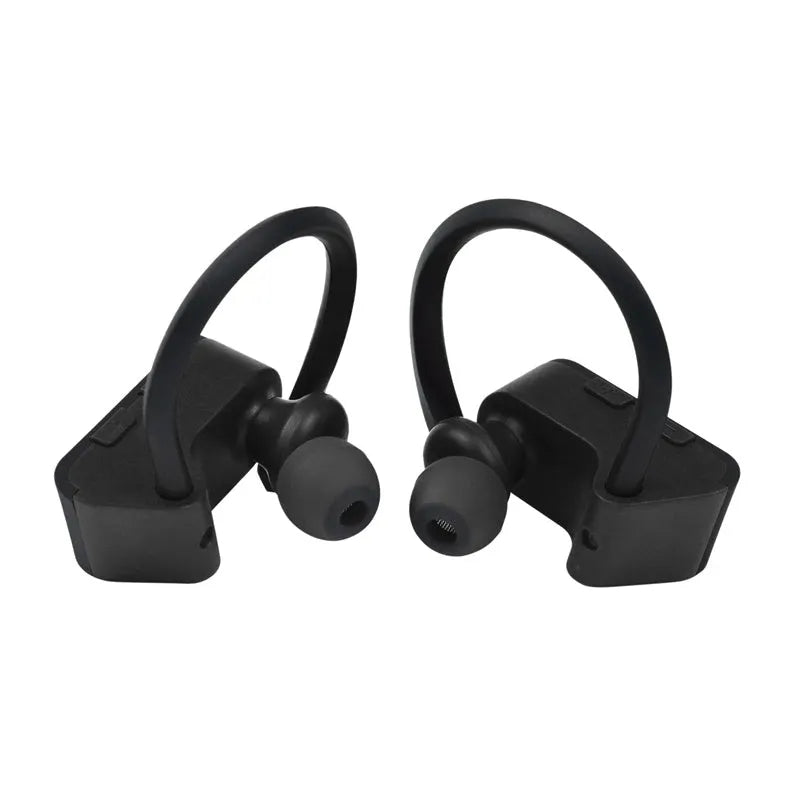 Black wireless Bluetooth earphones showing ergonomic design and LED indicator lights