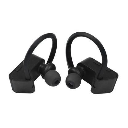 Black wireless Bluetooth earphones showing ergonomic design and LED indicator lights