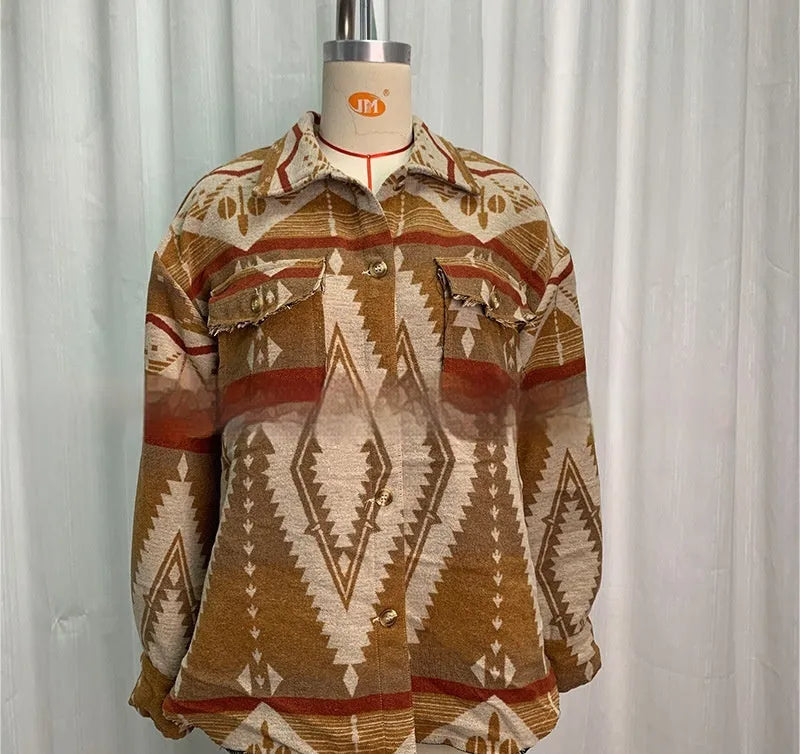 Retro style woolen coat with Aztec print in sapphire blue, loose fit, long sleeves for women