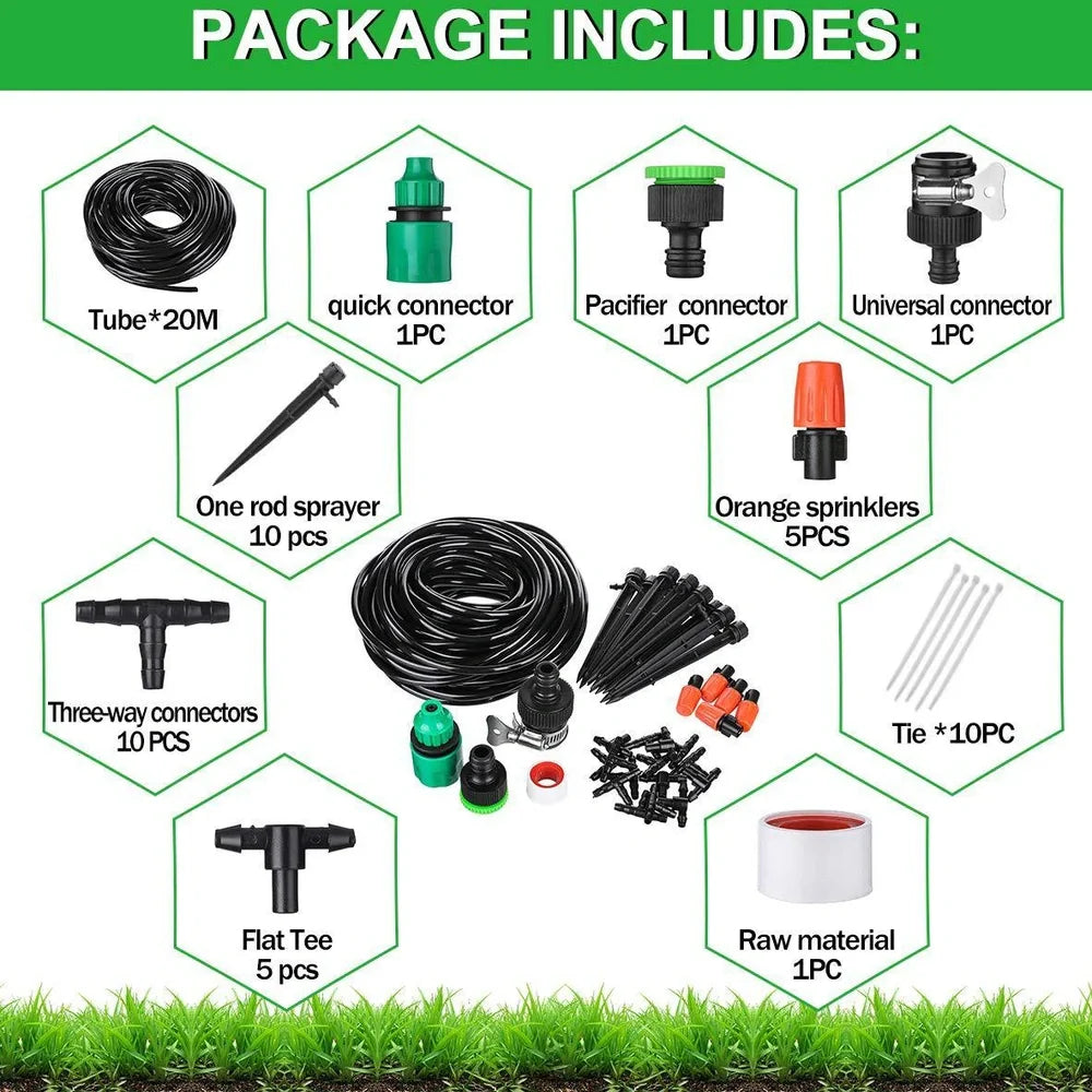 Automatic irrigation system with 20m PVC piping and adjustable 60cm spray diameter for garden watering