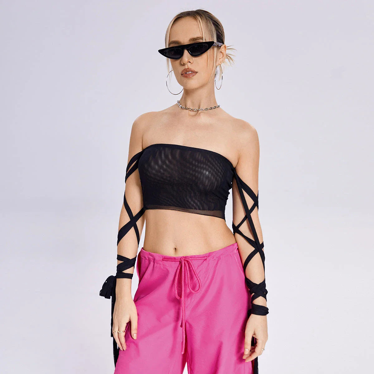 Stylish women's black tank top with elastic cross-arm design, perfect for casual summer wear