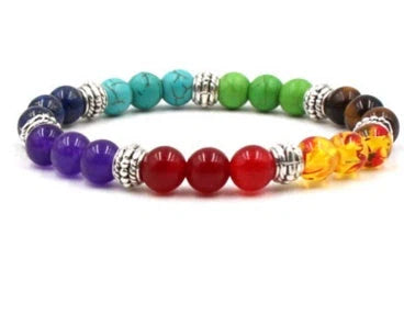 Natural Stone Colorful Chakra Energy Yoga Bracelet with geometric design and 8mm beads