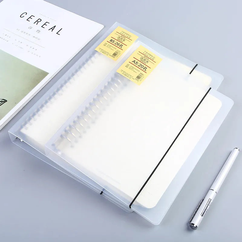 A5 and B5 horizontal line binder refill pad with 26-hole paper designed for looped ring binders, suitable for office, school, hospital and library use with PP matte covers, available in two size options