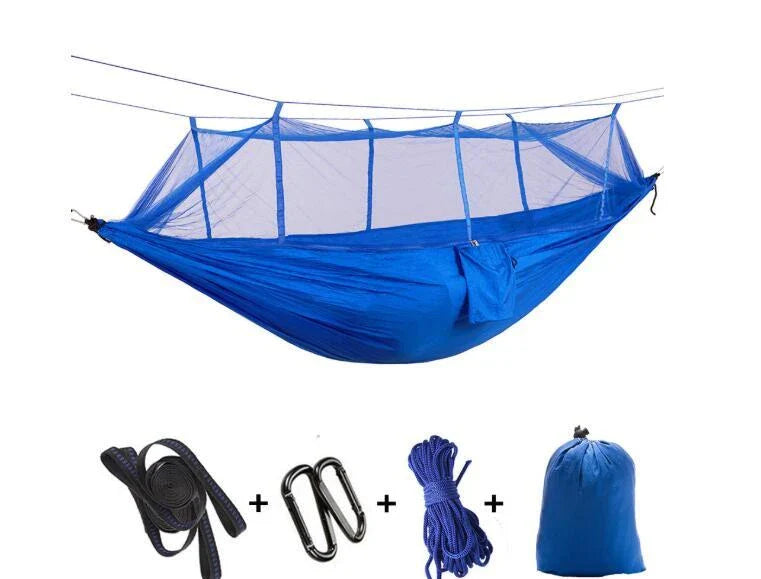 Lightweight and portable parachute hammock with mosquito net for outdoor relaxation