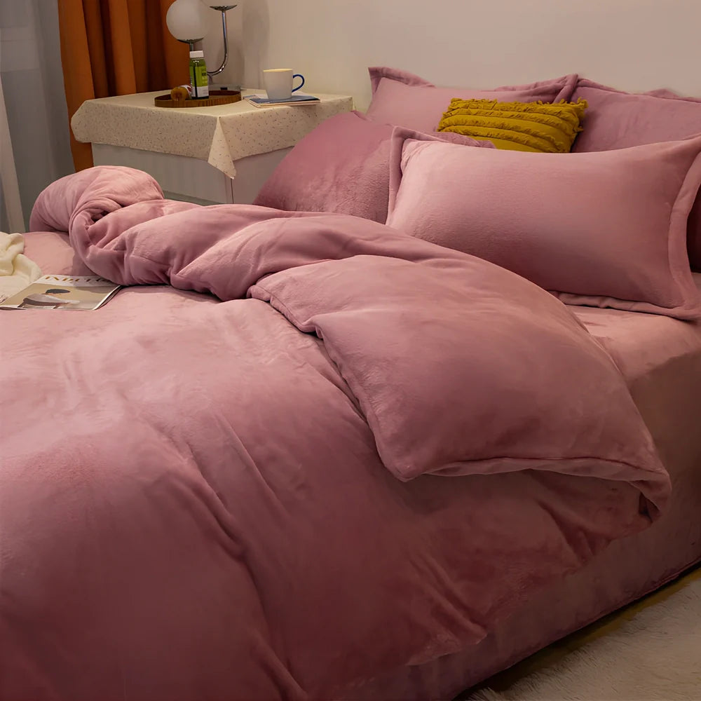 Double-sided fleece duvet cover showing goose yellow and light grey reversible sides