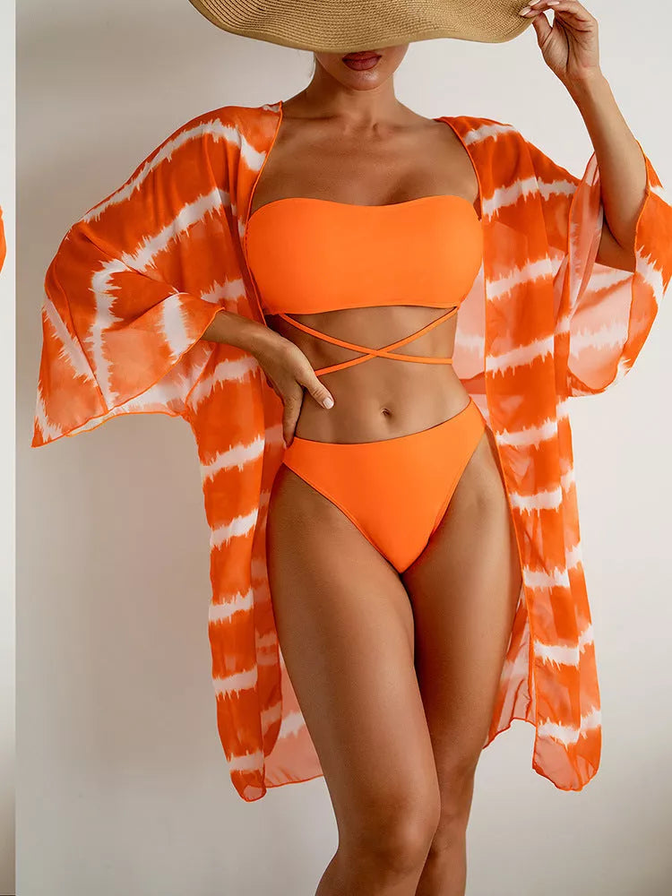 Women's chiffon three piece swimsuit with color blocking pattern and cardigan