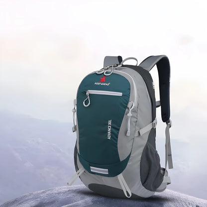 30L nylon outdoor backpack with air pillow straps shown in dark green colour for hiking and travel
