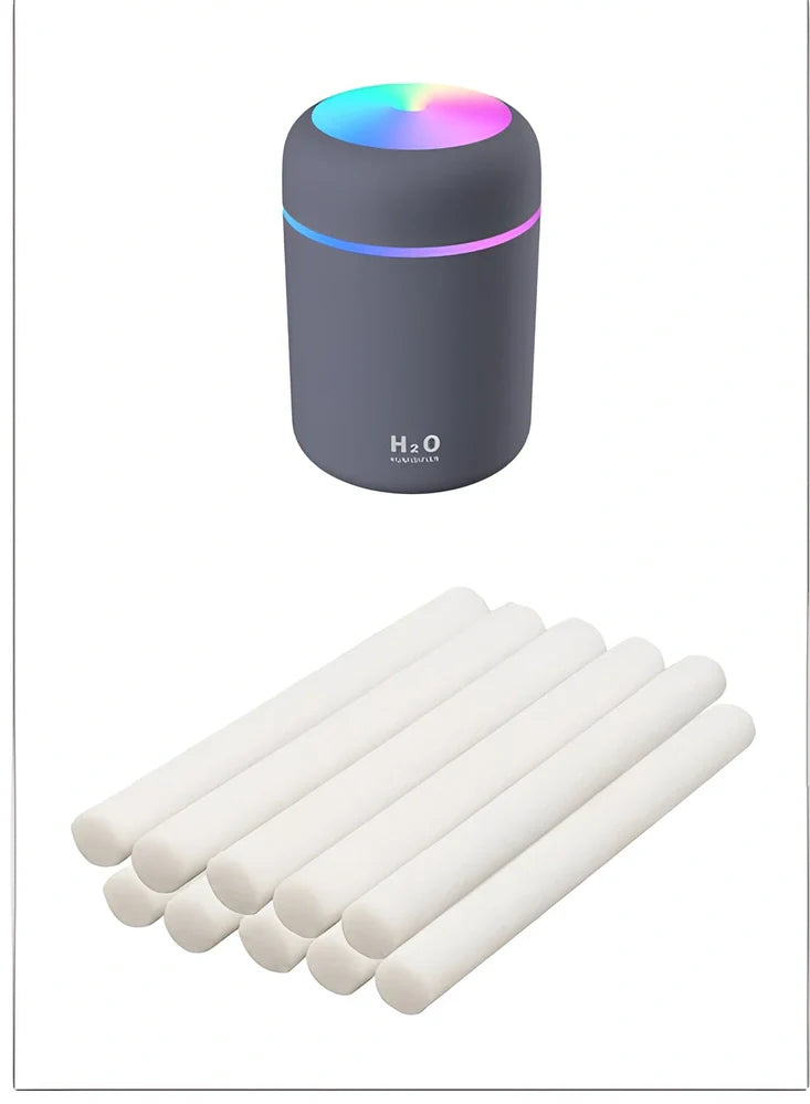 Compact USB car humidifier with colourful LED light and 300ml water tank for vehicle use