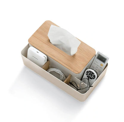 Multifunctional tissue box with remote control storage compartment, made of PS+ bamboo materials in apricot and white colors