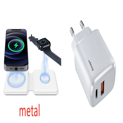 White foldable magnetic wireless charger showing dual charging surfaces and 180° folding mechanism