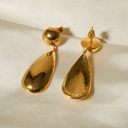 Gold electroplated stainless steel water drop earrings with geometric hemisphere design
