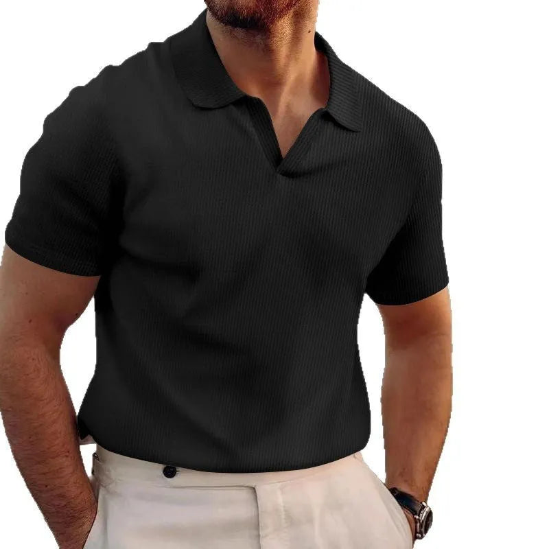 Men's lapel collar waffle knit T-shirt in slim fit, shown in a solid colour.