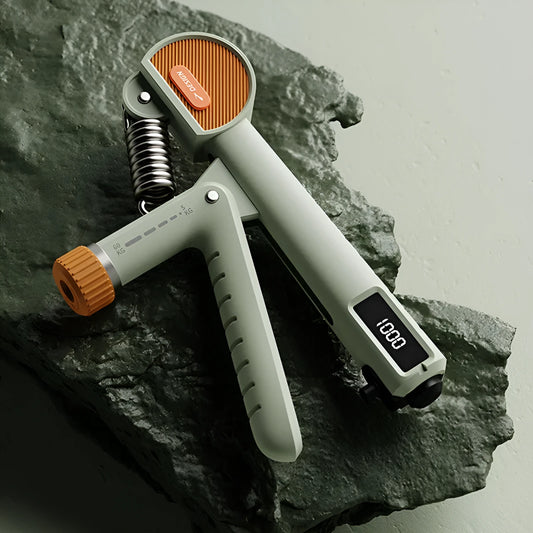 Adjustable spring hand grip trainer in army green, black, or ivory white.