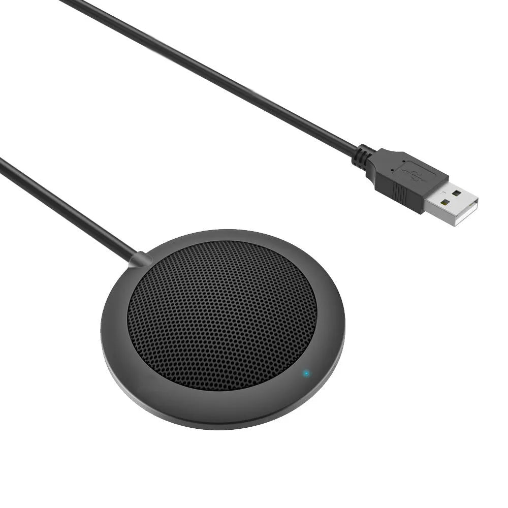 Black omnidirectional USB microphone with zinc alloy shell and metal mesh cover, 70mm diameter