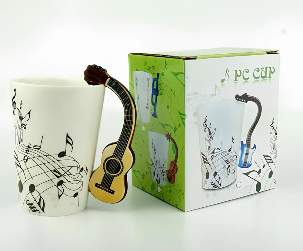 Ceramic music mug with violin-shaped handle showing 240ml capacity and smooth glazed interior