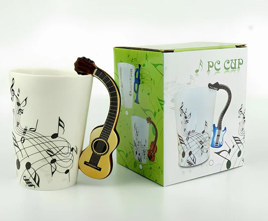 Ceramic music mug with violin-shaped handle showing 240ml capacity and smooth glazed interior