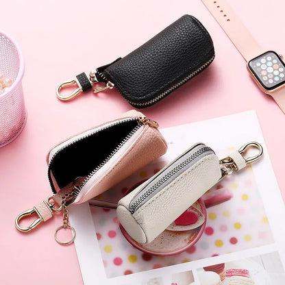 Men's black grey pink PU leather zipper key case organiser with waterproof construction