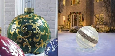 Vibrant, inflatable Christmas ornaments in various holiday designs for outdoor decoration