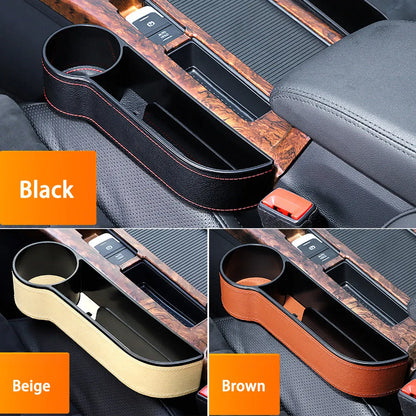 Leather and ABS car storage box, 27cm by 14.5cm by 6cm, for front left or right fit in black, beige, or brown.