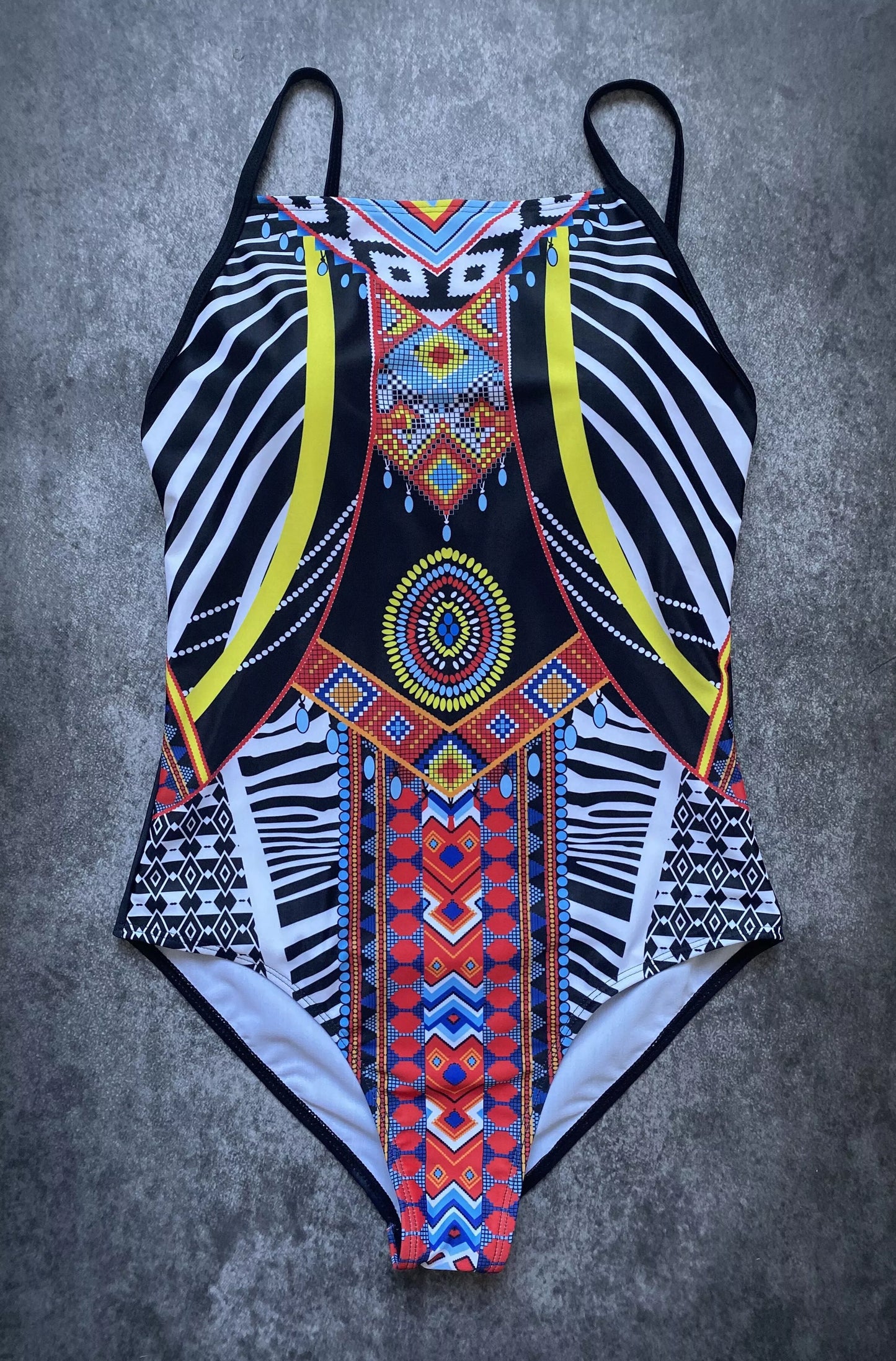 Black nylon one-piece triangle swimsuit with adjustable straps