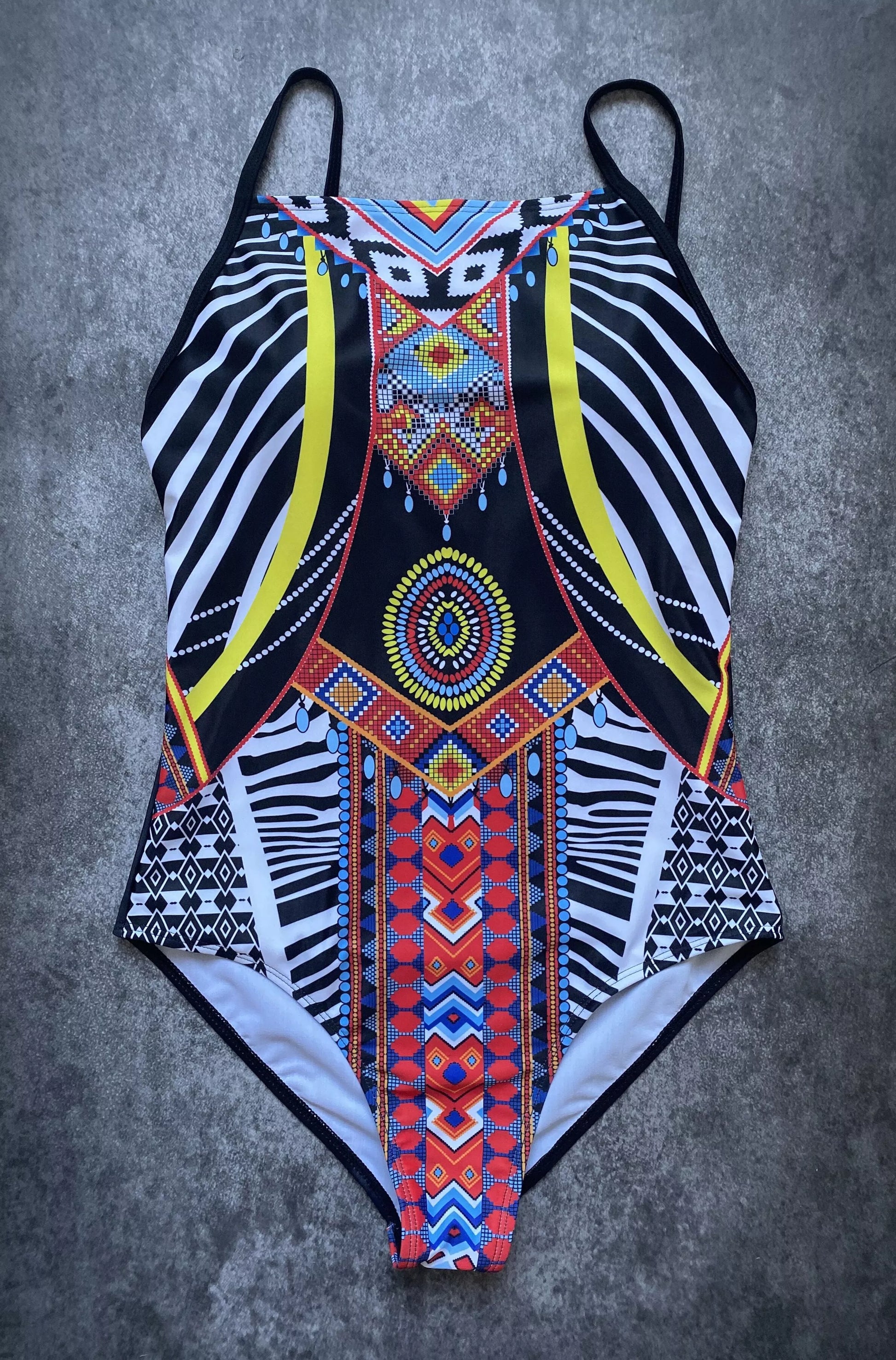 Black nylon one-piece triangle swimsuit with adjustable straps