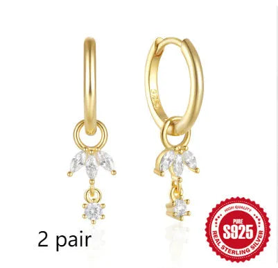 S925 sterling silver earrings with geometric sunflower design and inlaid zircon stones in golden-three diamonds colour