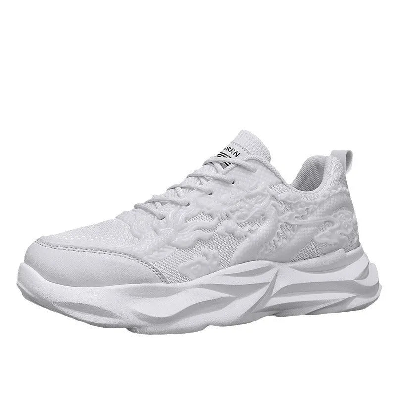 Chinese Loong breathable Fly Knit casual sneakers in four dragon colourways on a rubber sole.