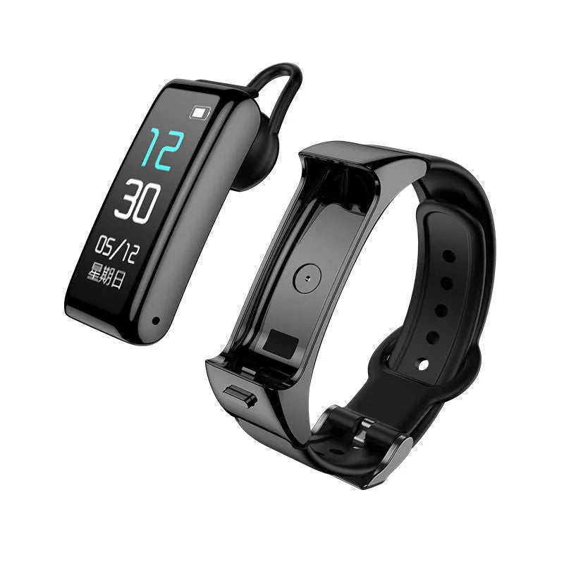 Two-in-one Bluetooth headset smart watch with zinc alloy backing, black leather strap, and magnetic charging cable.