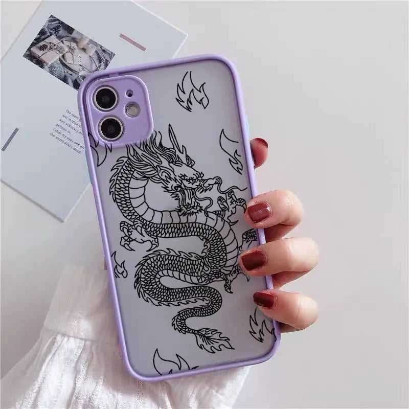 Frosted iPhone case with dragon line art in black, showing Chinese-style painted design and TPU PC back cover.