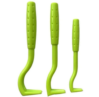 Three blue plastic tick removal hook tools for pets on a white background.