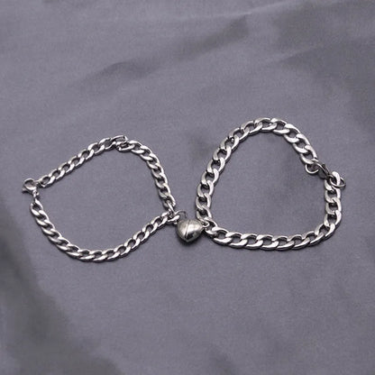 Silver magnetic couple bracelet with heart charm and NK chain, stainless steel and zinc alloy, 18cm or 20cm