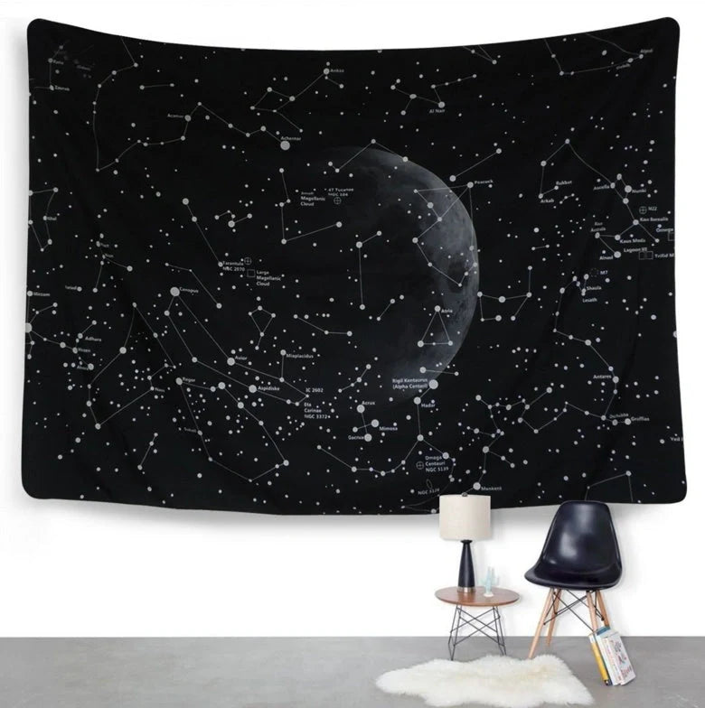 Constellation tapestry with moon and stars design for wall or bed decoration