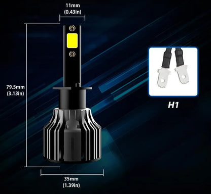 Close-up of 6000K white LED car headlight bulb with aluminium heat sink, showing adjustable chuck and connector.
