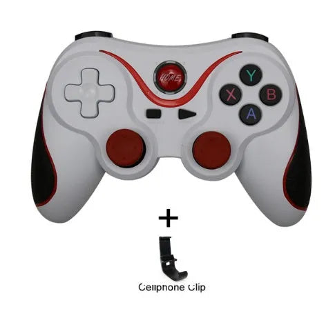 Upgraded X3 Bluetooth wireless game controller with mobile phone clip attached, showing textured grips and button layout