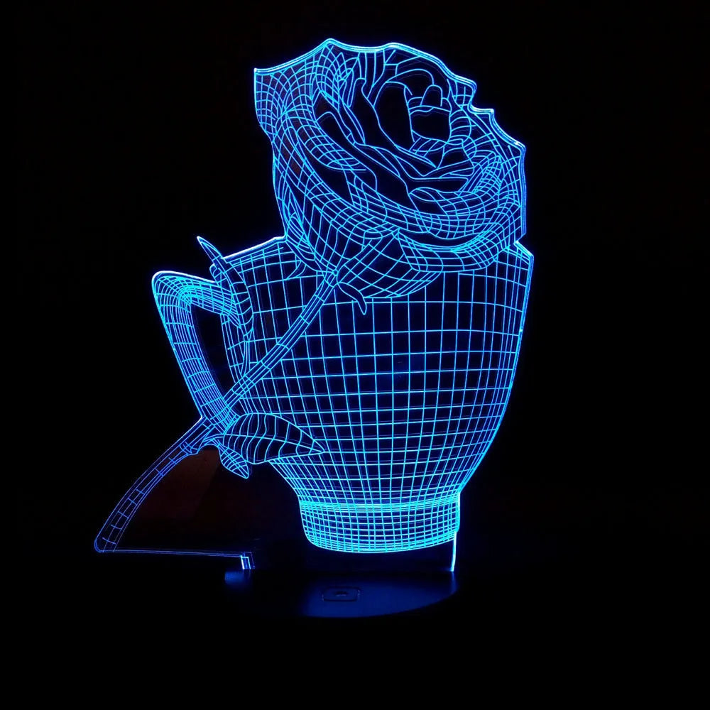 3D rose-shaped night light showing multiple colour options with remote control and USB cable