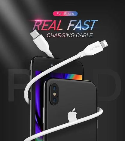 White one-metre USB-C to Lightning charging cable for iPhone on a plain background