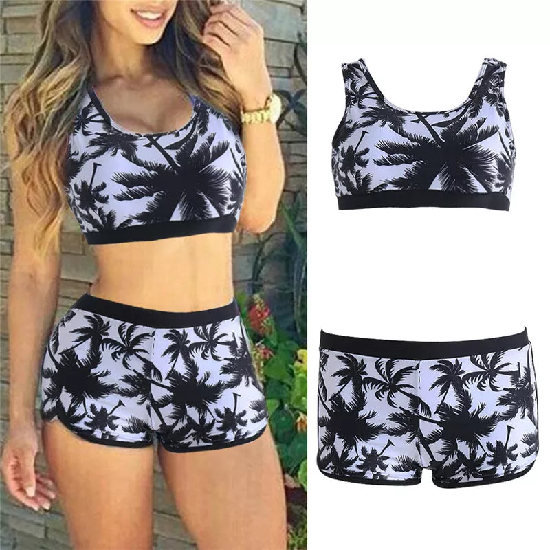 Coconut palm sports bikini with floral pattern and chest pad for water activities