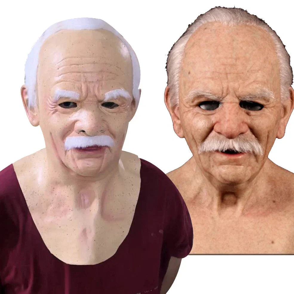 Latex old man Halloween mask with white hair and beard showing realistic facial wrinkles