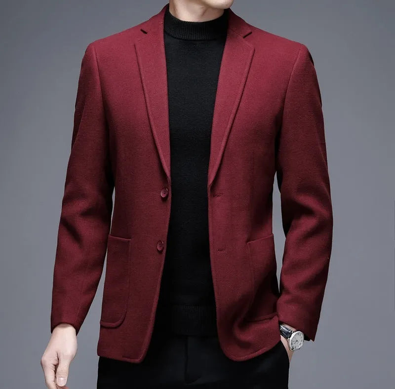 Men's casual woolen suit jacket thick warm winter coat in solid colours for loose fitting light business style with round hem design, available in yellow, red, navy blue, and grey in Asian sizing from 165 to 190 cm
