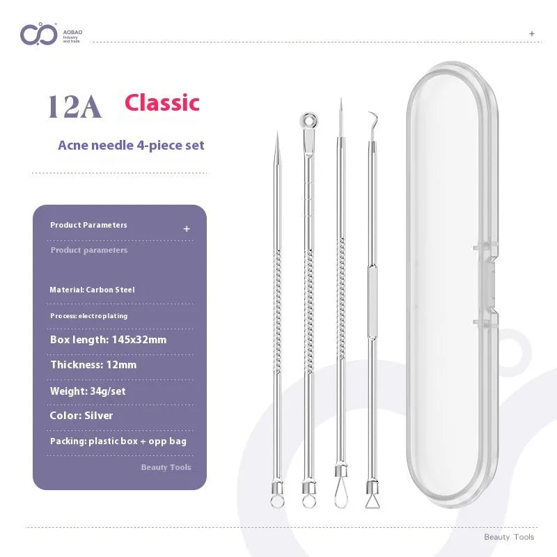 4-piece silver metal acne needle set for blackhead extraction with ultra fine pointed tips