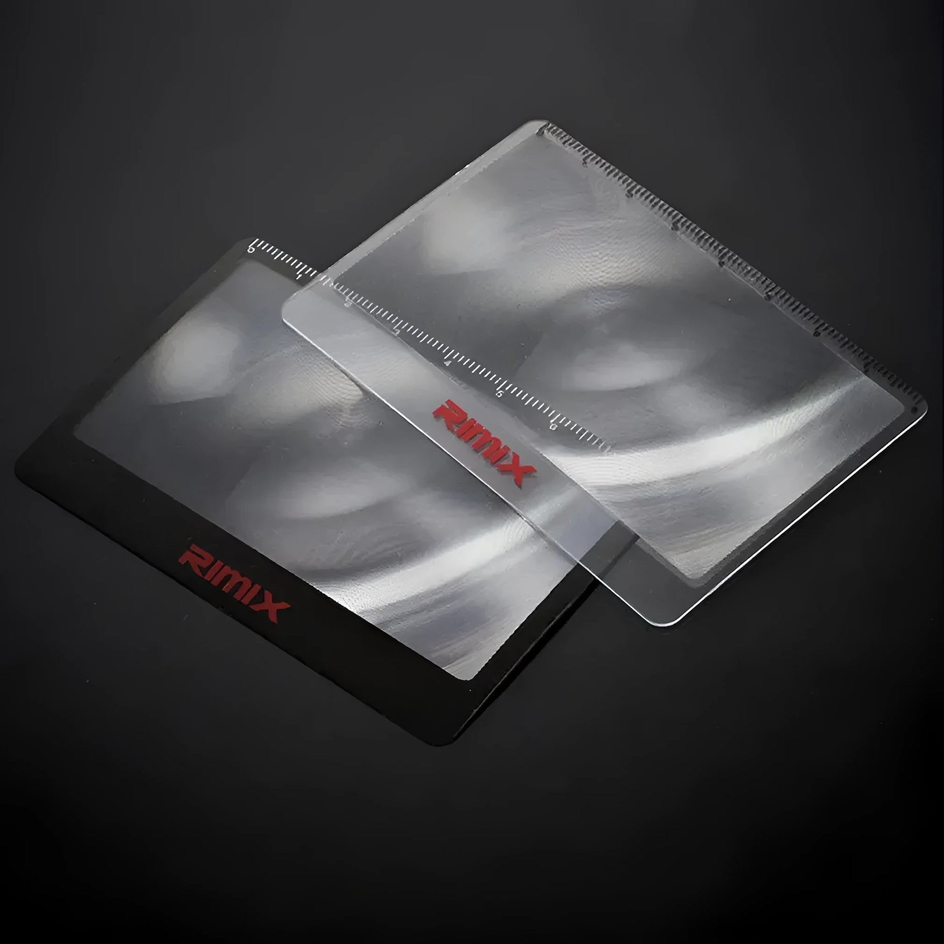 Portable black or white plastic card magnifier reading glasses in folded and unfolded positions