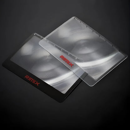 Portable black or white plastic card magnifier reading glasses in folded and unfolded positions