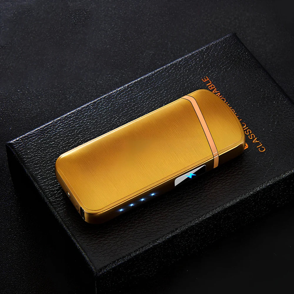 Zinc alloy charging lighter in black brushed finish, 80x35x13 mm with windproof arc and USB port